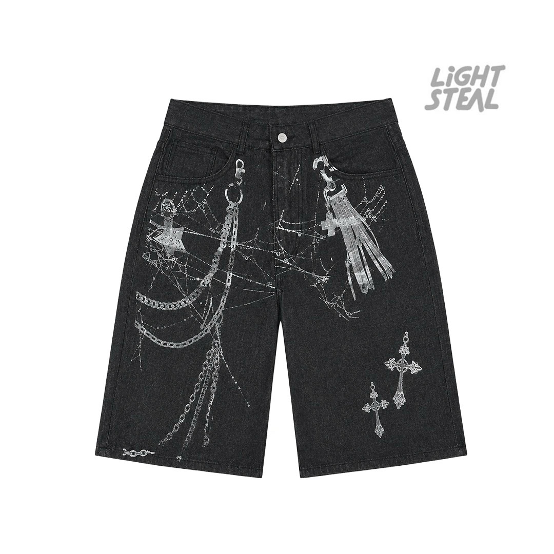Shorts Denim Baggy Replacement Spider Web & Chains Black