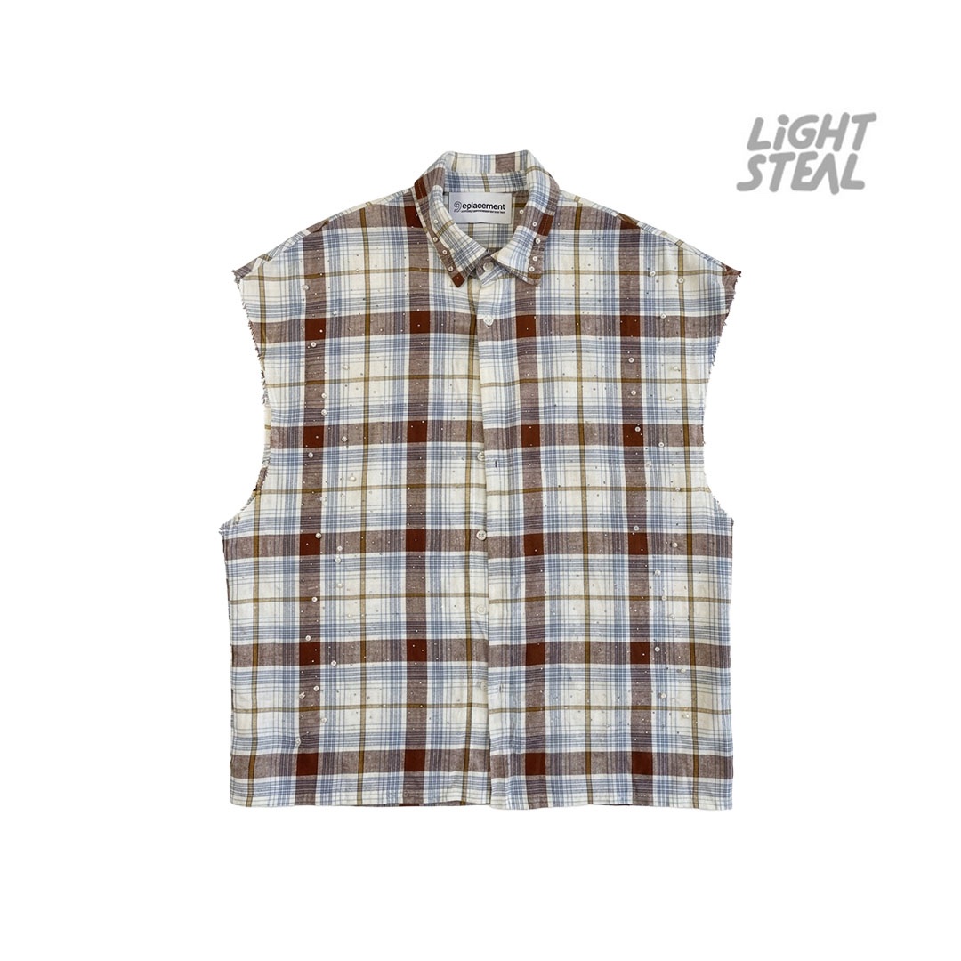 Replacement Distressed Pearl Plaid Sleeveless Shirt