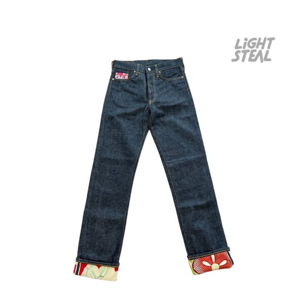 Evisu Japanese Kimono Floral Fabric Cuff & Pocket Raw Denim Jeans