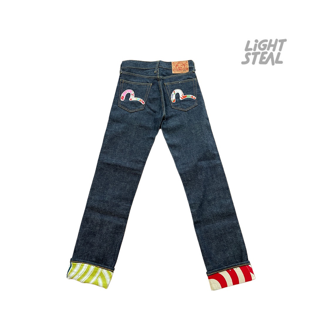 Evisu Japanese Kimono Floral Fabric Cuff & Pocket Raw Denim Jeans