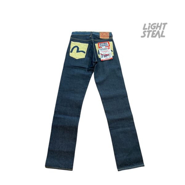 Jeans Evisu Genes Private Stock Raw Denim con Tasche Ricamate e Cucitura a Zig-Zag