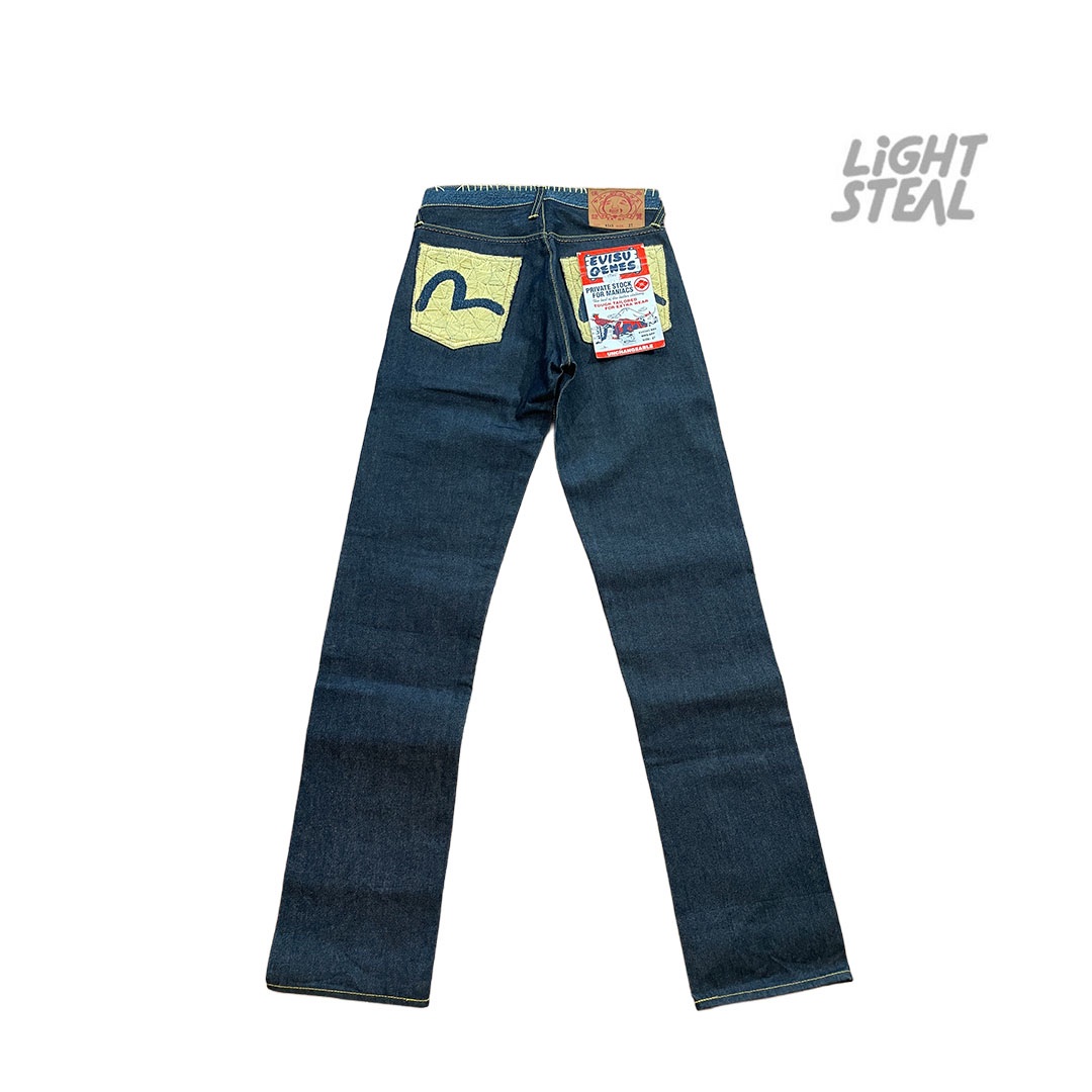 Jeans Evisu Genes Private Stock Raw Denim con Tasche Ricamate e Cucitura a Zig-Zag